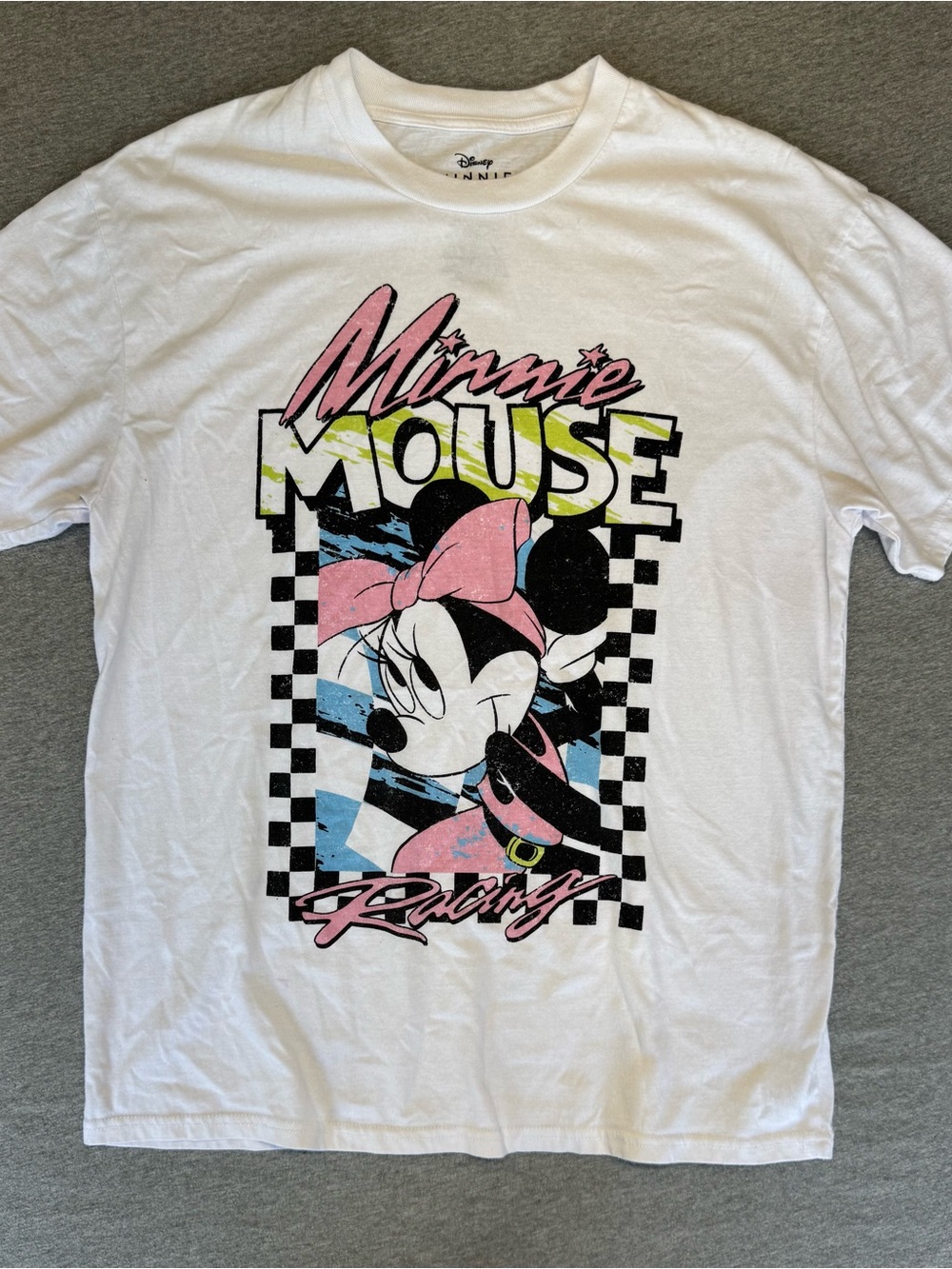 Disney White Minnie Mouse Racing Graphic Tee with Pink Accents